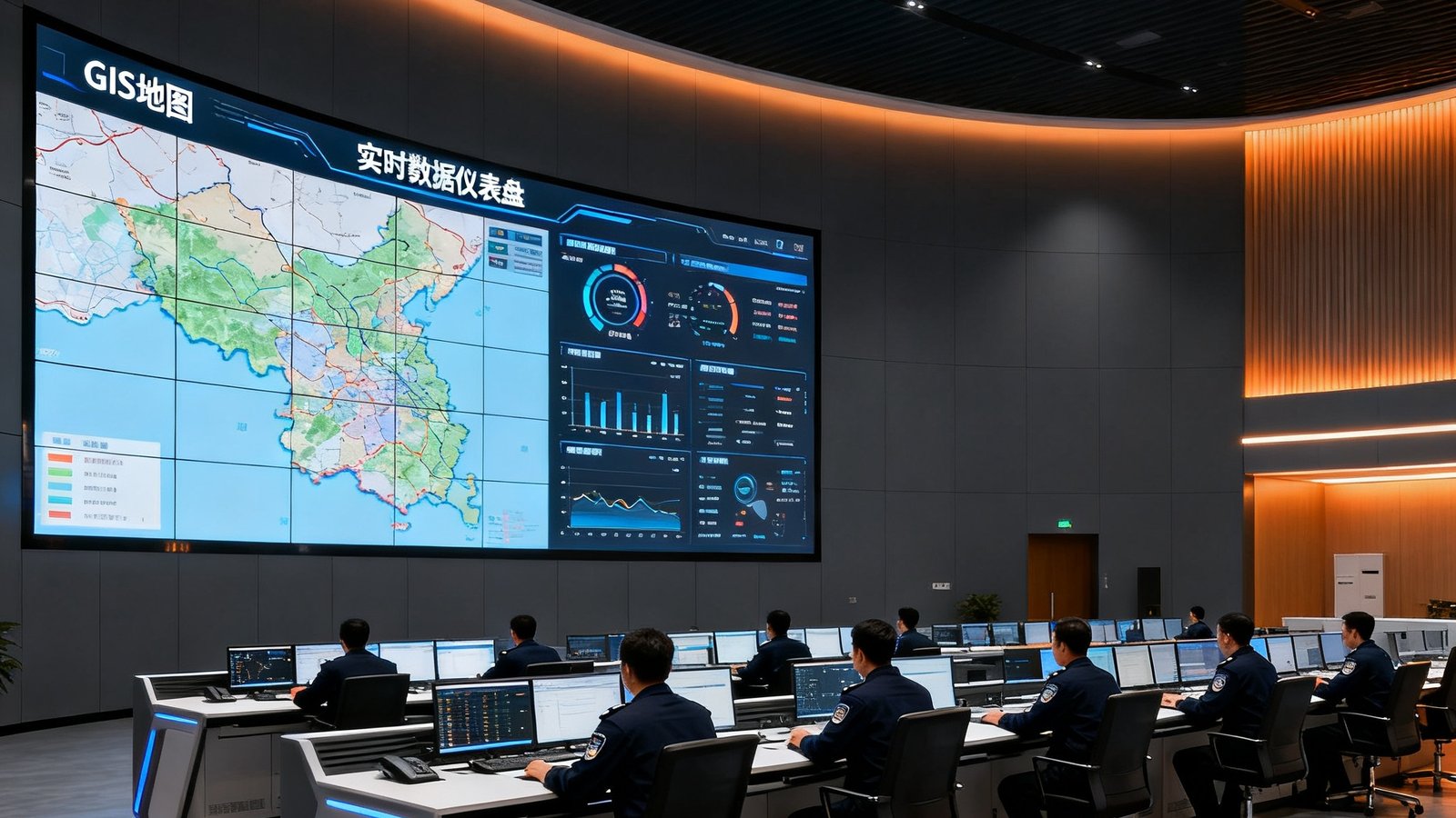 一间宽敞的现代化应急指挥中心大厅，弧形墙面嵌入大型小间距LED拼接屏，屏幕上显示着GIS地图与实时数据仪表盘，多排操作台前坐着身穿制服的技术人员专注工作，空间以深灰色调为主搭配暖色氛围灯光
